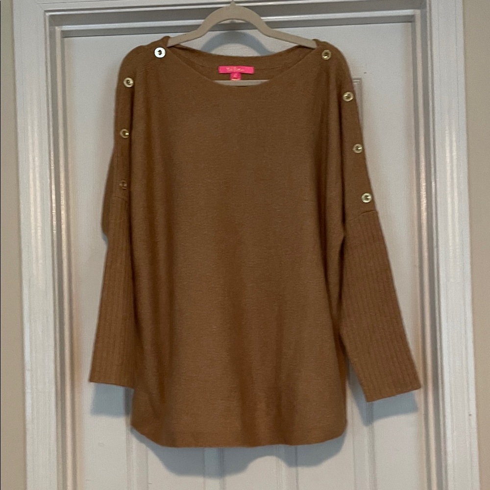 Lilly Pulitzer Button-Accent Bateau Neck Curved Hem Tan Tunic Sweater